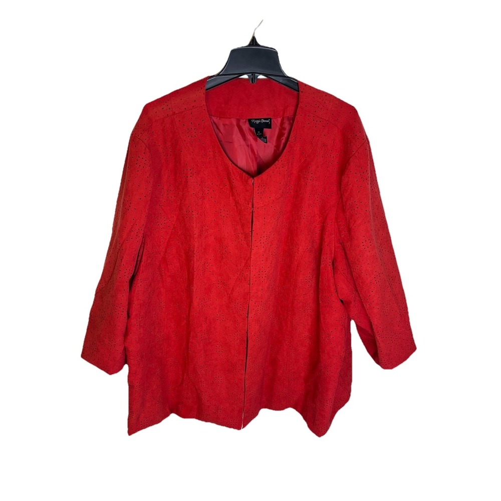 Maggie Barnes Womens 5X Red Faux Suede Embroidered Open Front Lined Duster
